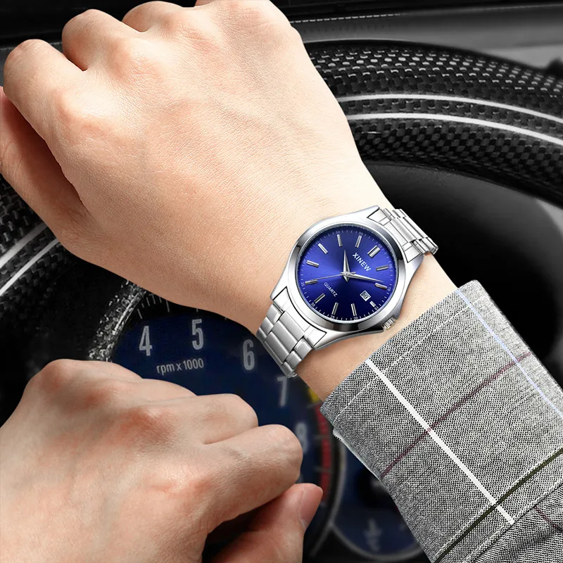 1pc / lot XINEW Brand Men Watches Silver Students Fashion Full Steel Band Simple Date Quartz Watch Reloj Hombre Montre Homme