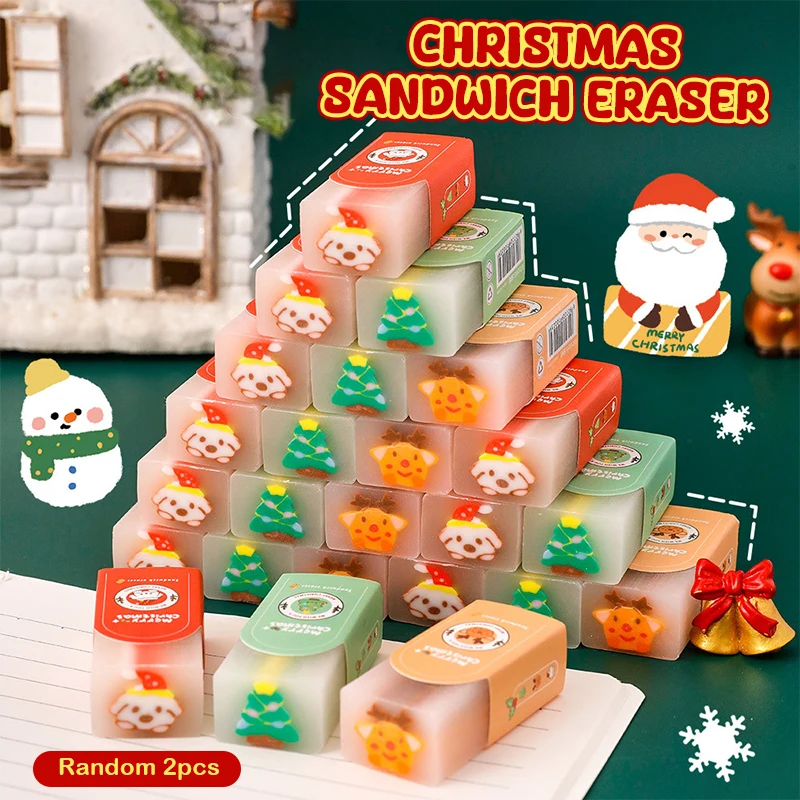 2Pcs Cute Cartoon Christmas Tree Painting Erasers Creative Christmas Theme Erasers Office Supplies Student Stationery Gifts