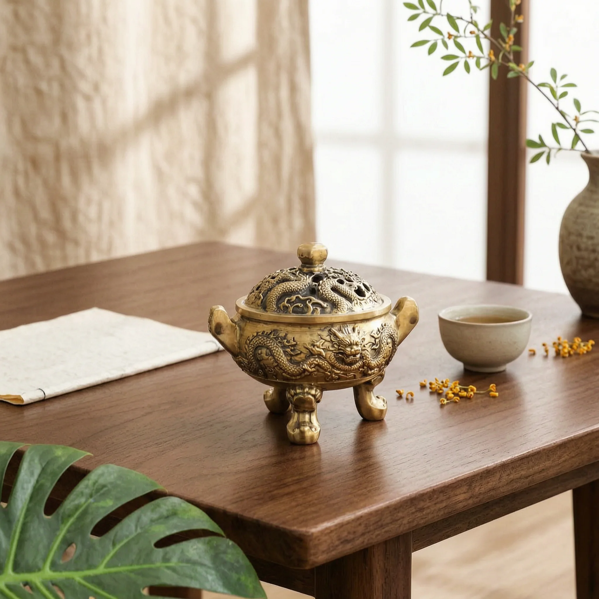 Incense Bowl with Legs Ornate Ding-Style Bowl Censer Metal Burner Long-Lasting for Practitioners, Altar, Meditation Room