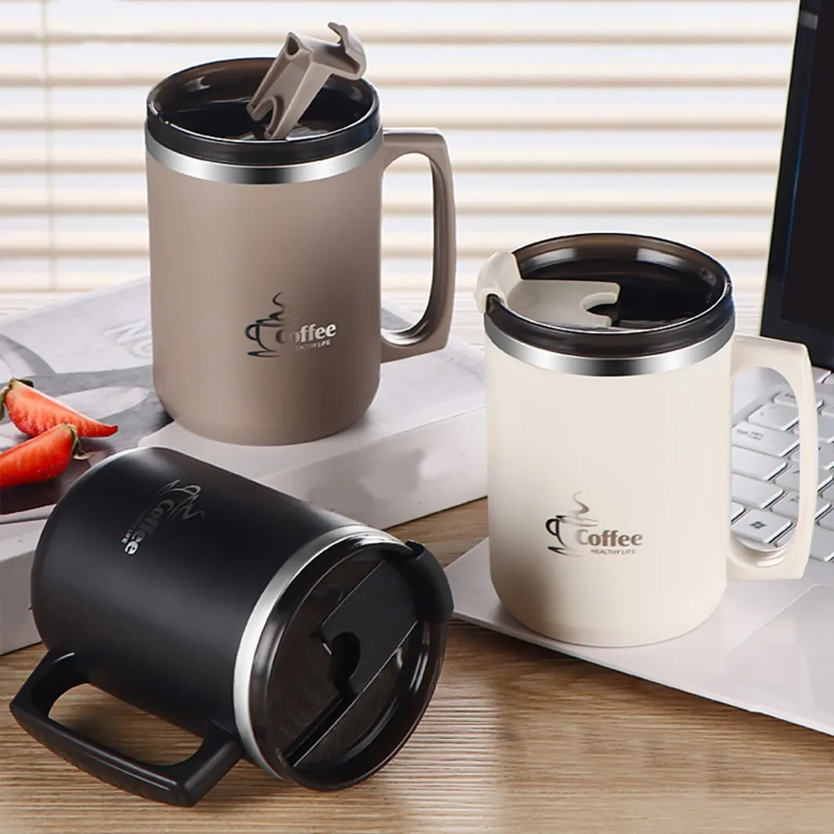 304 Stainless Steel Double Wall Insulated Coffee Cup With Handle&Lid Portable Leak-proof Thermal Mug Tumbler For Student Adult
