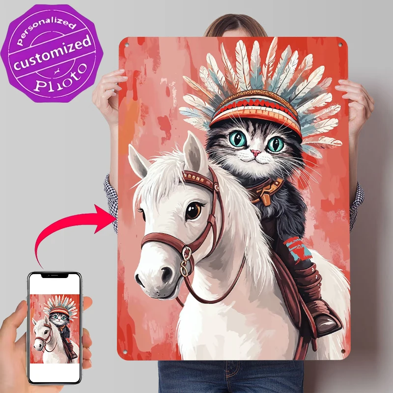 Cat Riding Horse Poster Customized Vintage Metal Signs Wall Art Retro Tin Plaque for Office Decoration Room House Decor Man Cave