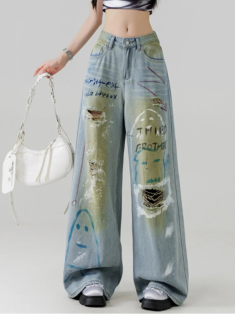 

New Craftsmanship Graffiti Piercing Cowboy Wide Leg Pants Women Summer High Waist Explosive Street mopping Straight Leg Pants