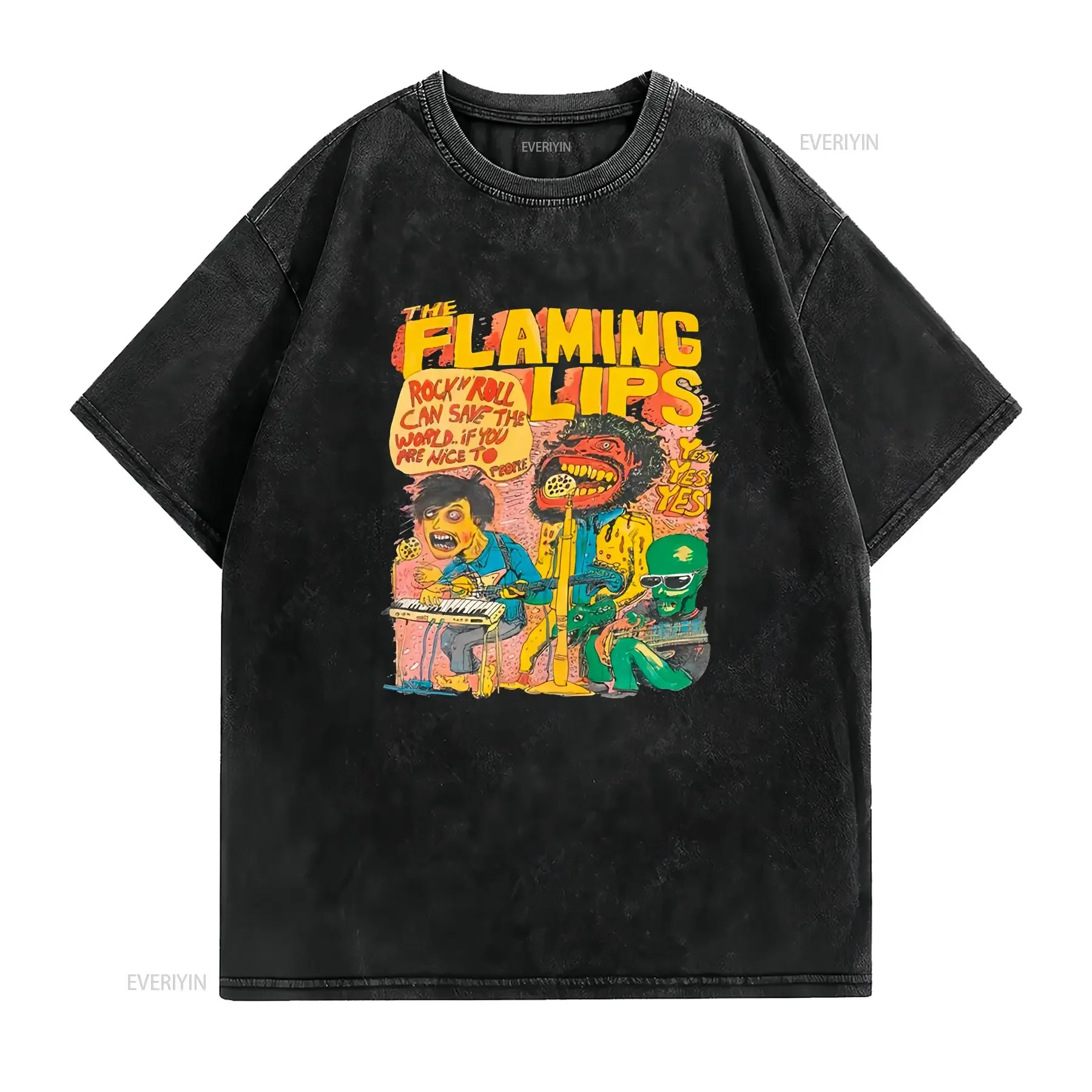 The Flaming Lips Rock Band T shirt n roll can save world TE7704 vintage Washed Slightly Stretched Stylish graphic Comfortable