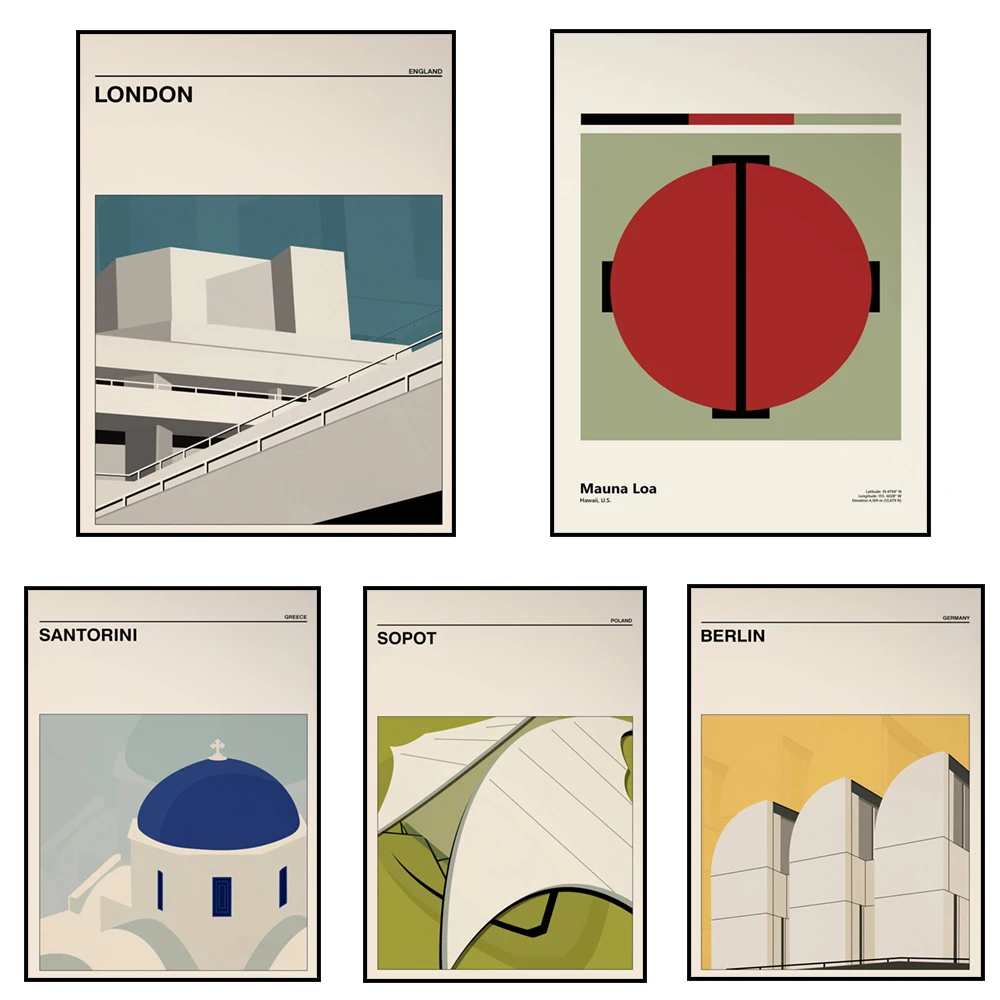 Bauhaus Archives Berlin, Poland, Santorini, Great Blue Hole Belize, London, Kalahari Desert, Namibia, Medieval Travel Poster