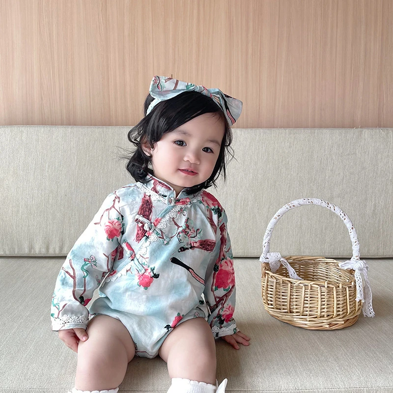 Qipao for Kids Cheongsam Chinese Traditional Pattern 0-2 Years Old Cute Baby Girl Chinese New Year Clothes Kids Blue Bodysuit