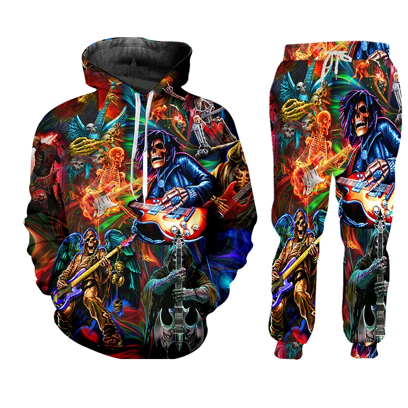 3D Print Men's Hoodie Sets Jogging GuitarSkull Rock Punk 2 Piece Suits Set Long Sleeve Sweatpants Autumn Hooded Jacket Oversized