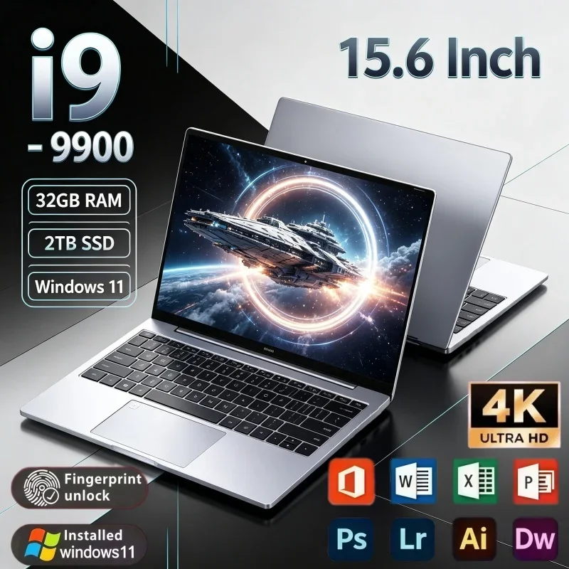 15.6 Inch All Purpose Ultra Slim Laptop Intel I9 9900 32GB RAM 2TB SSD Windows 11 Fingerprint Unlock PC For Office Game Home
