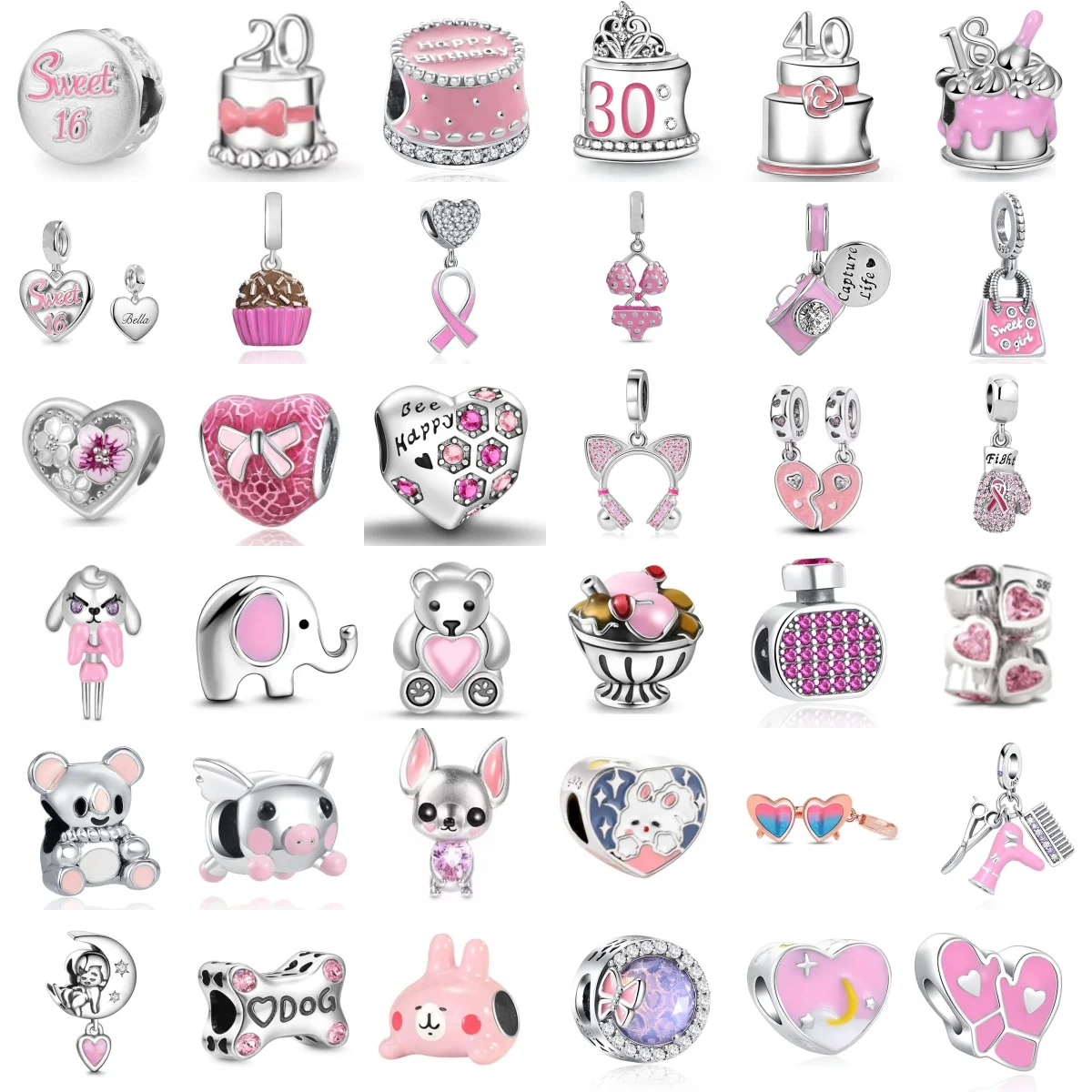 Pink Series 925 Sterling Silver Headset, Perfume, Bikini, Birthday Cake Pendant Fit Bracelet Necklace DIY Women's Jewelry Gifts