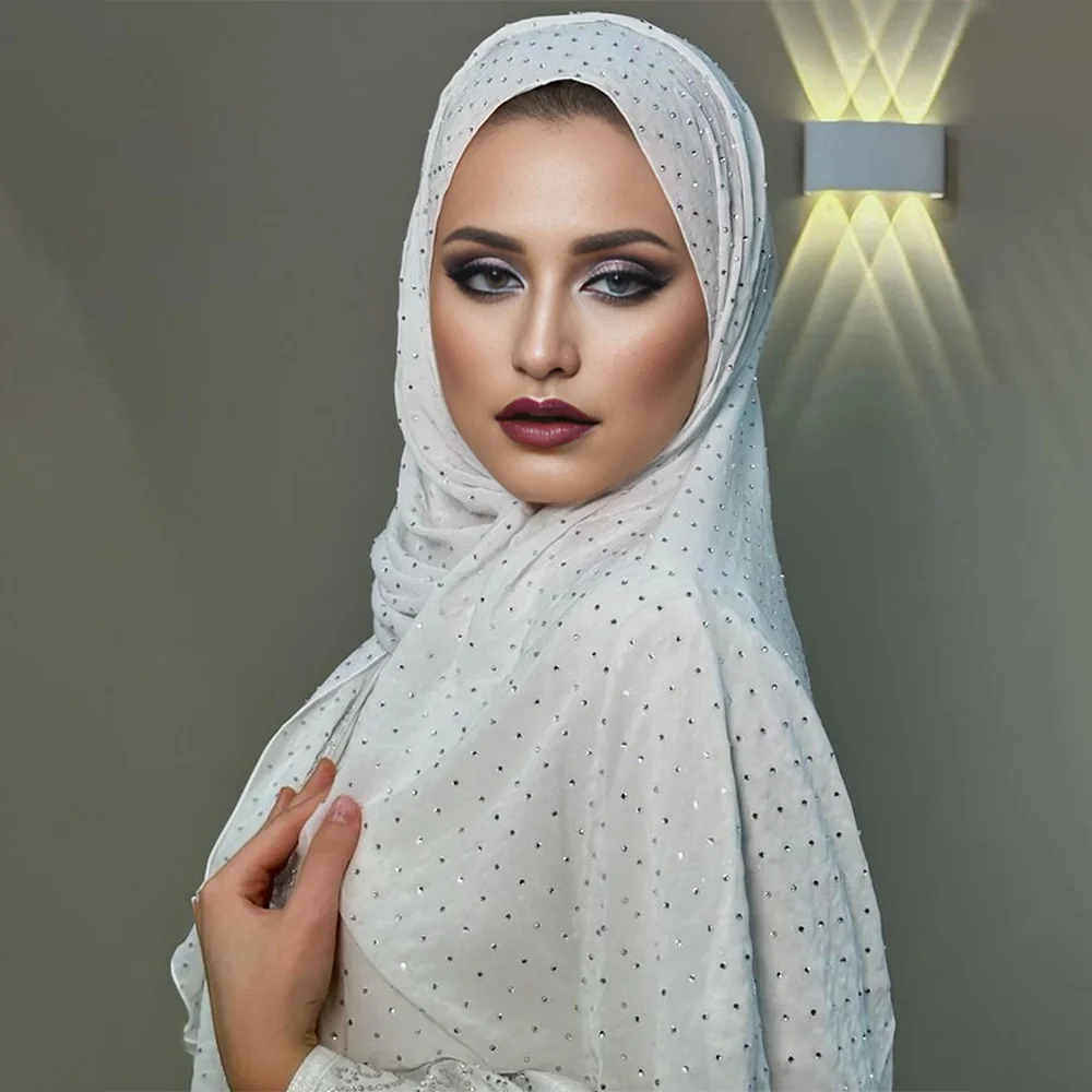 High Quality Chiffon Rhinestone Muslim Hijab Scarf Arabic Female Plain Headwrap Long Shawl Headscarf Islamic Foulard