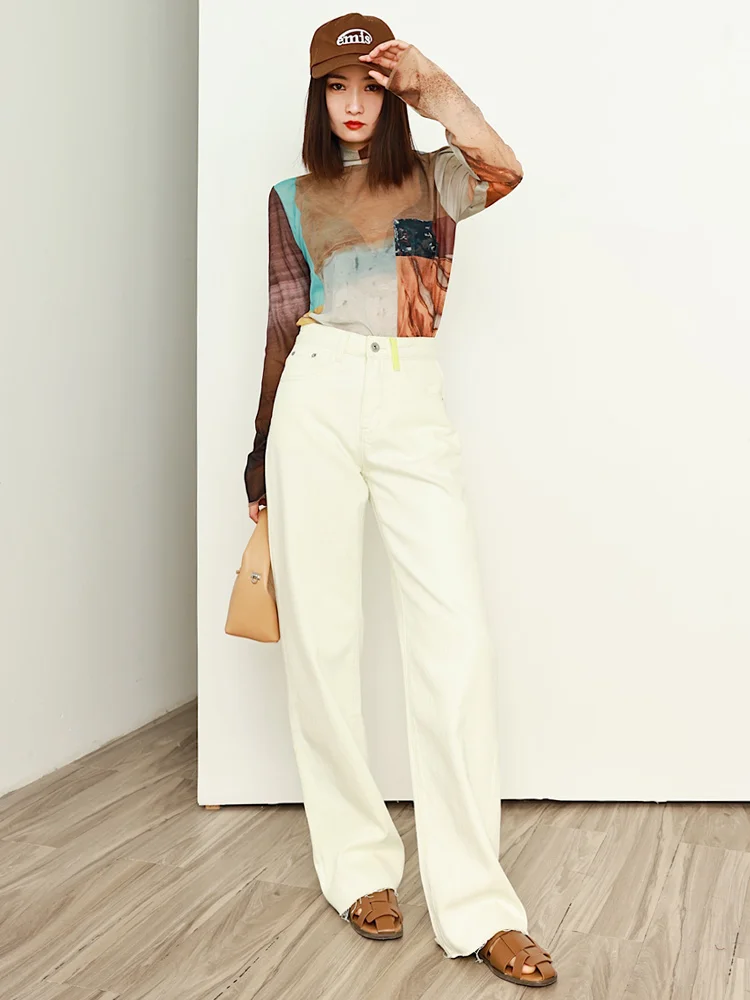 

RUGOSAM High Waist Wide Leg Jeans Women's Floor-Length Frayed Slimming Denim Pants White Color Spring Collection