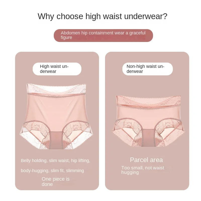 High Waist women's Ice Silk Panties Seamless sexy Lace Underwear soft breathable cotton bottoming Crotch plus size Panties image 4