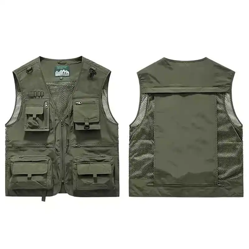 Colete de pesca funcional leve masculino com impressão de logotipo personalizado design de vários bolsos verão ao ar livre
