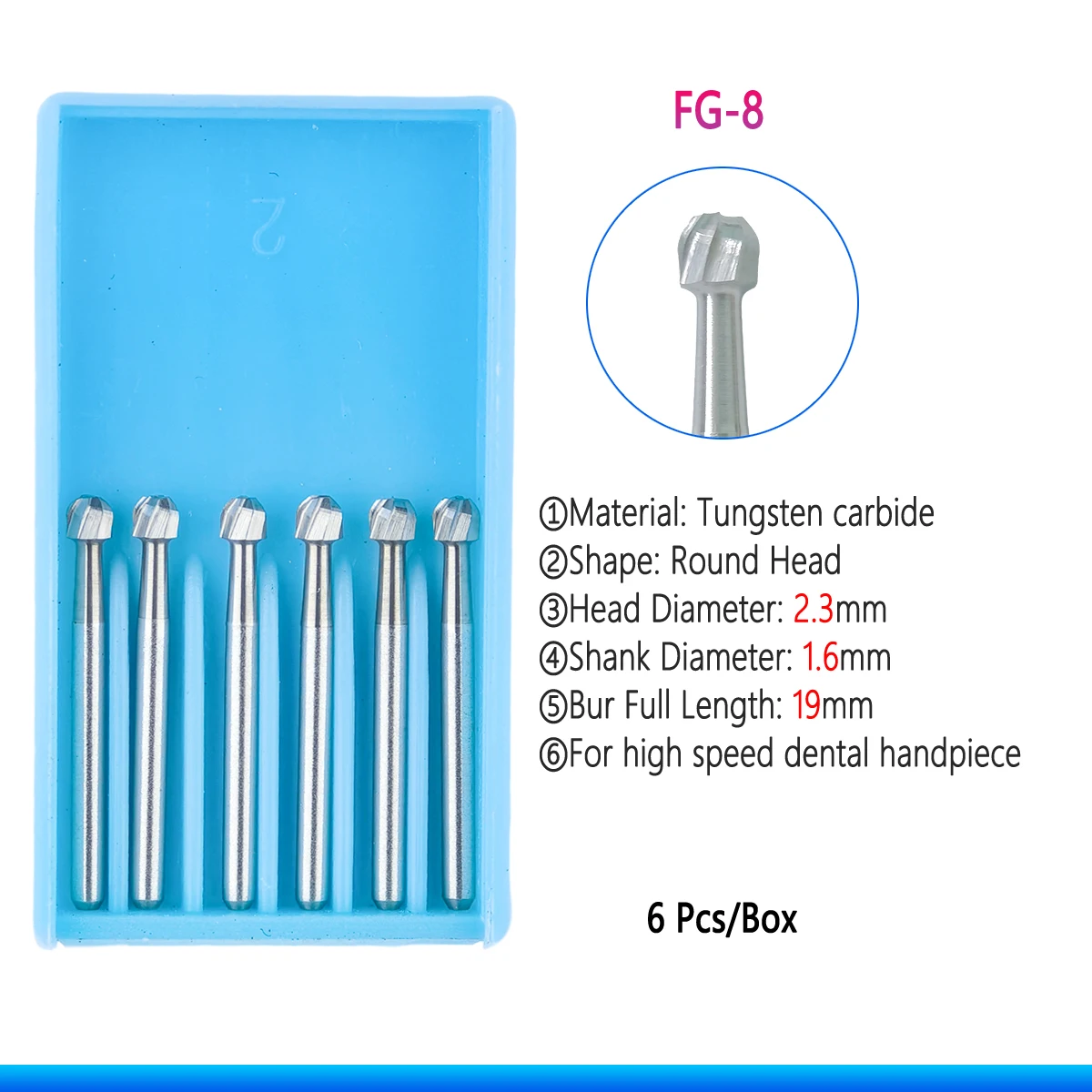 6Pcs/Box Dental Tungsten Carbide Burs Drill Round Head FG Series For Dental Lab Clinic High Speed Handpiece Shank Diameter 1.6mm