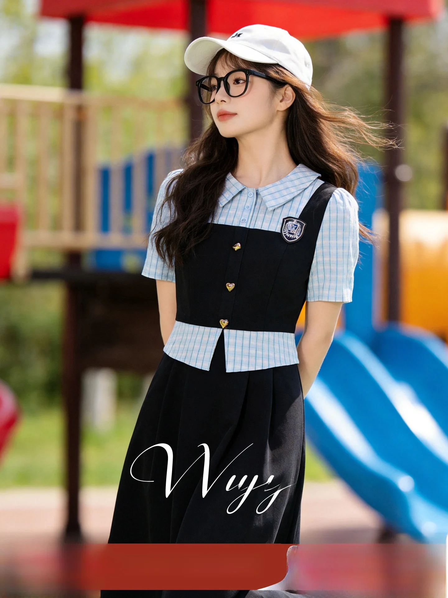 

Wuji Home Beautiful plus Size Women's Summer New Ageless Slimming College Style Fake Two-Piece Set Dress Polyester Fiber