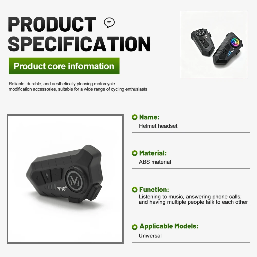 Y10‑2X Premium Wireless Helmet Intercom Headset,1/2Pcs,MP3,IPX6 Waterproof Clear Sound Moto Hands‑Free Call 1000mAh Long Standby
