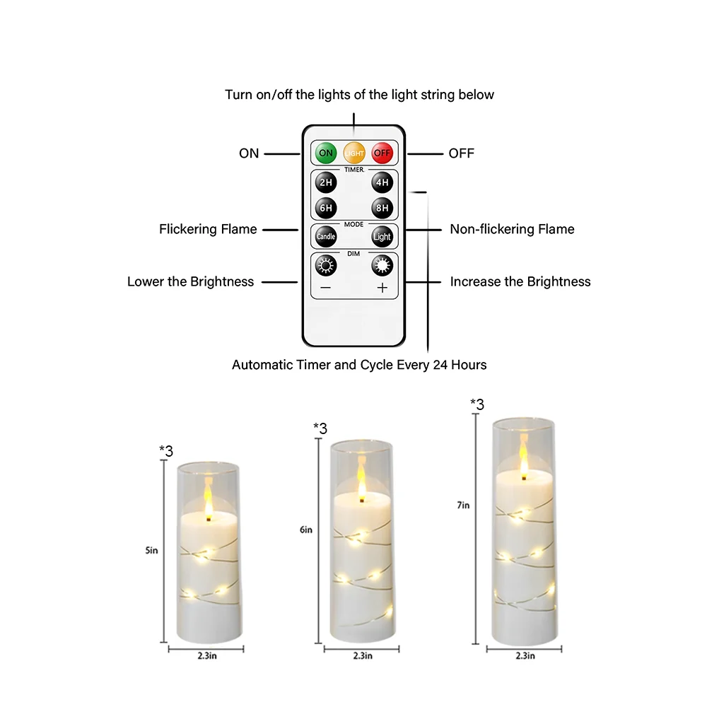 White 9PCS LED Flameless Prayer Candles with String Lights Timer Dimmable Acrylic Church Memorial Christmas Eve Religious Decor