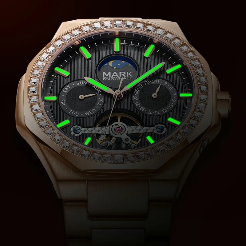 Mark Fairwhale Orologio meccanico di lusso in acciaio inossidabile in oro rosa da uomo Orologi tourbillon automatici con fasi lunari luminose impermeabili