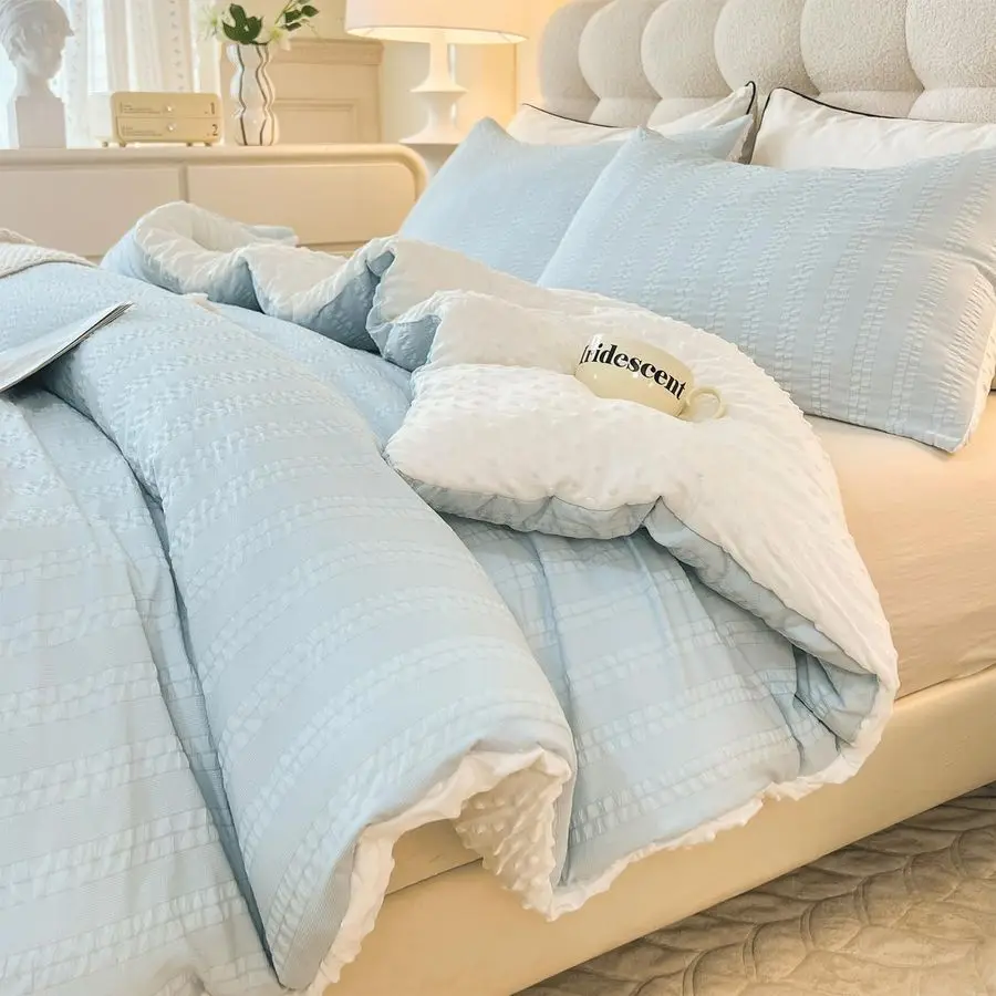 

Comforter Set Full Size Striped Pleats Bohemian Seersucker Bedding Set All Season Soft Cozy 3 Pieces Quilt with 2 Pillowcases80X