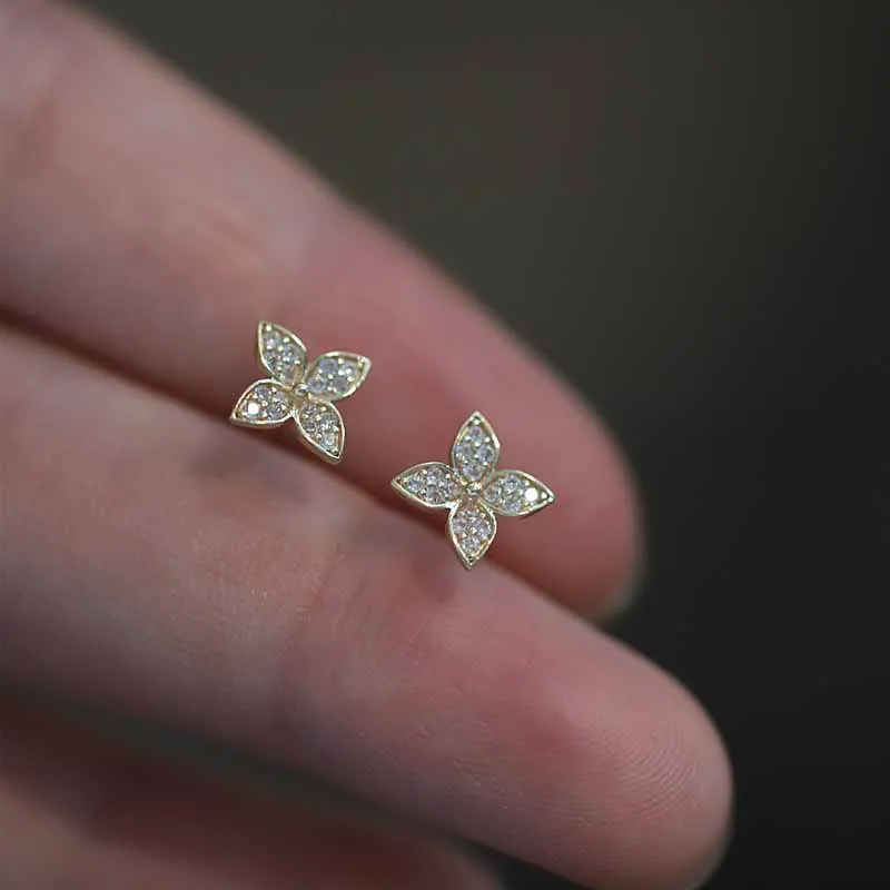 

925 Sterling Silver 14k Gold Original Cross Flower Zircon Stud Earrings For Women Wedding Piercing Jewelry Wholesale Accessories