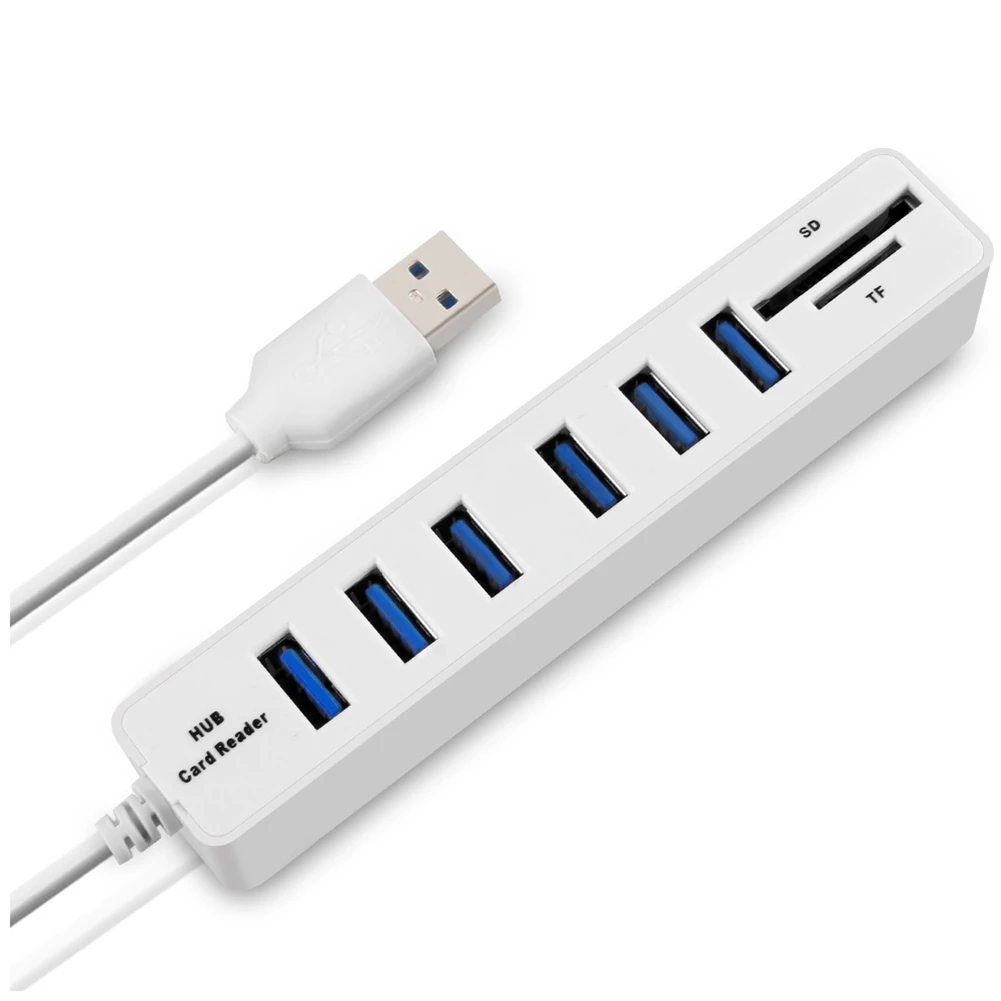 Adaptador USB Hub 6 Portas Expansor, USB 2.0, Multi Splitter, SD, Leitor de Cartão TF para PC, Branco