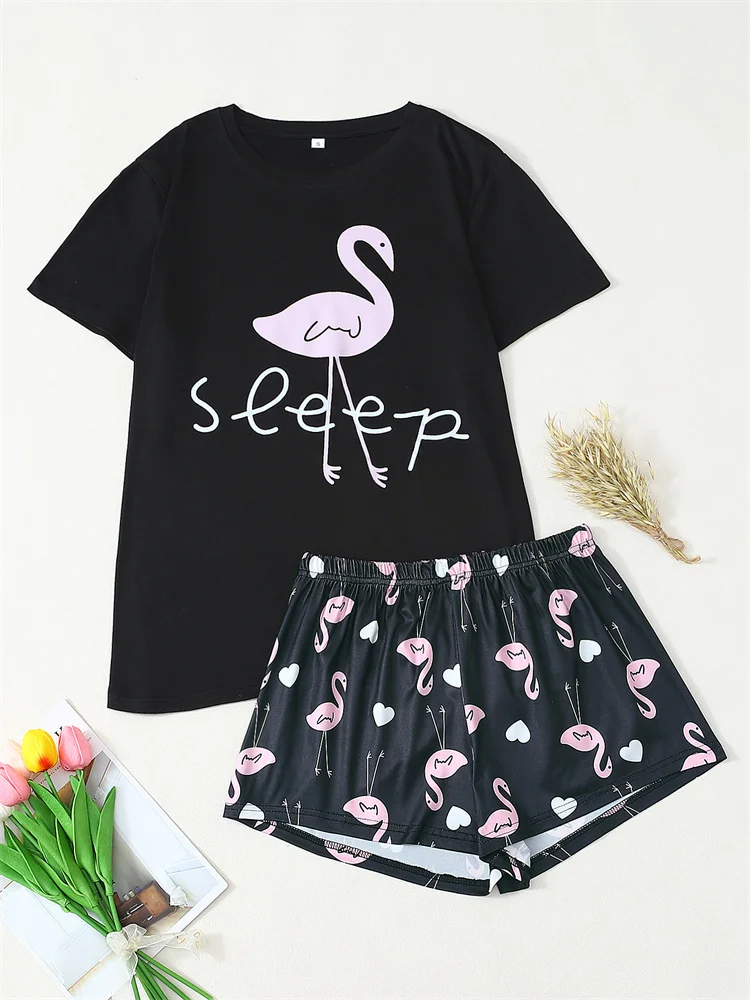 

2Pcs Casual Cartoon Print Homewear For Women Comfortable Short Sleeve Top Shorts Suit Sweet Style Ladies' Sleepwear Loungewear