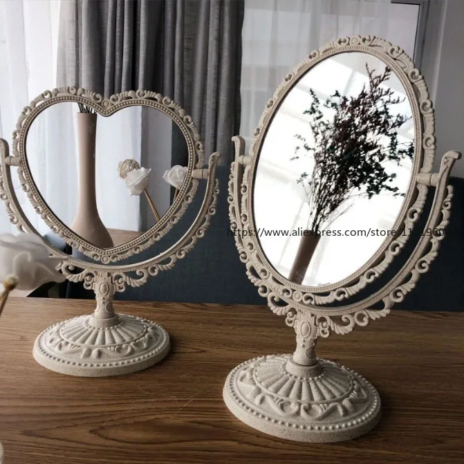 Retro quarto espelho de vaidade estilo europeu dupla face espelho de mesa coração círculo forma dormitório bancada espelho de maquiagem
