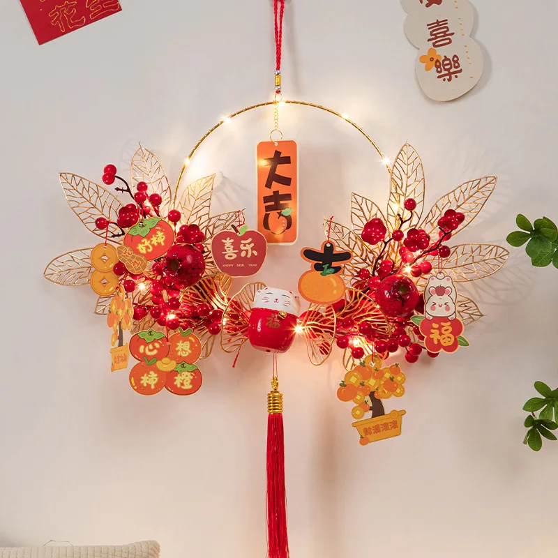 Портативный Китайский Новогодний венок для дома и офиса, освещенная гирлянда для спальни, подвесное украшение на батарейках