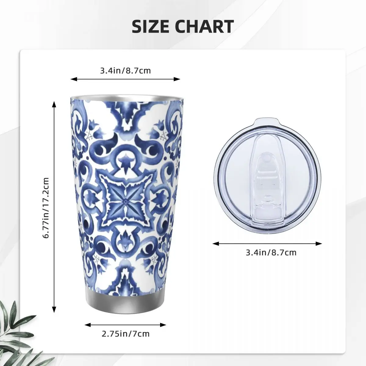 Blue Ornate Floral Mediterranean Sicilian Tile Stainless Steel Tumbler Vacuum Insulated Mugs Thermal Cold Cups Straws 20oz