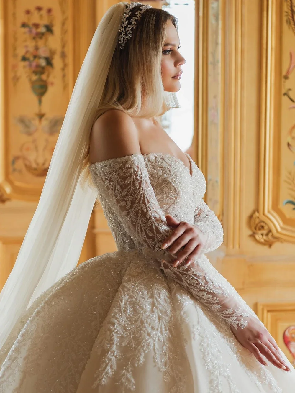 Customized Pearl embroidery Ball Gown Princess Wedding Dresses Off Shoulder Full Sleeves Sparking Lace Bridal vestidos de novia image 3