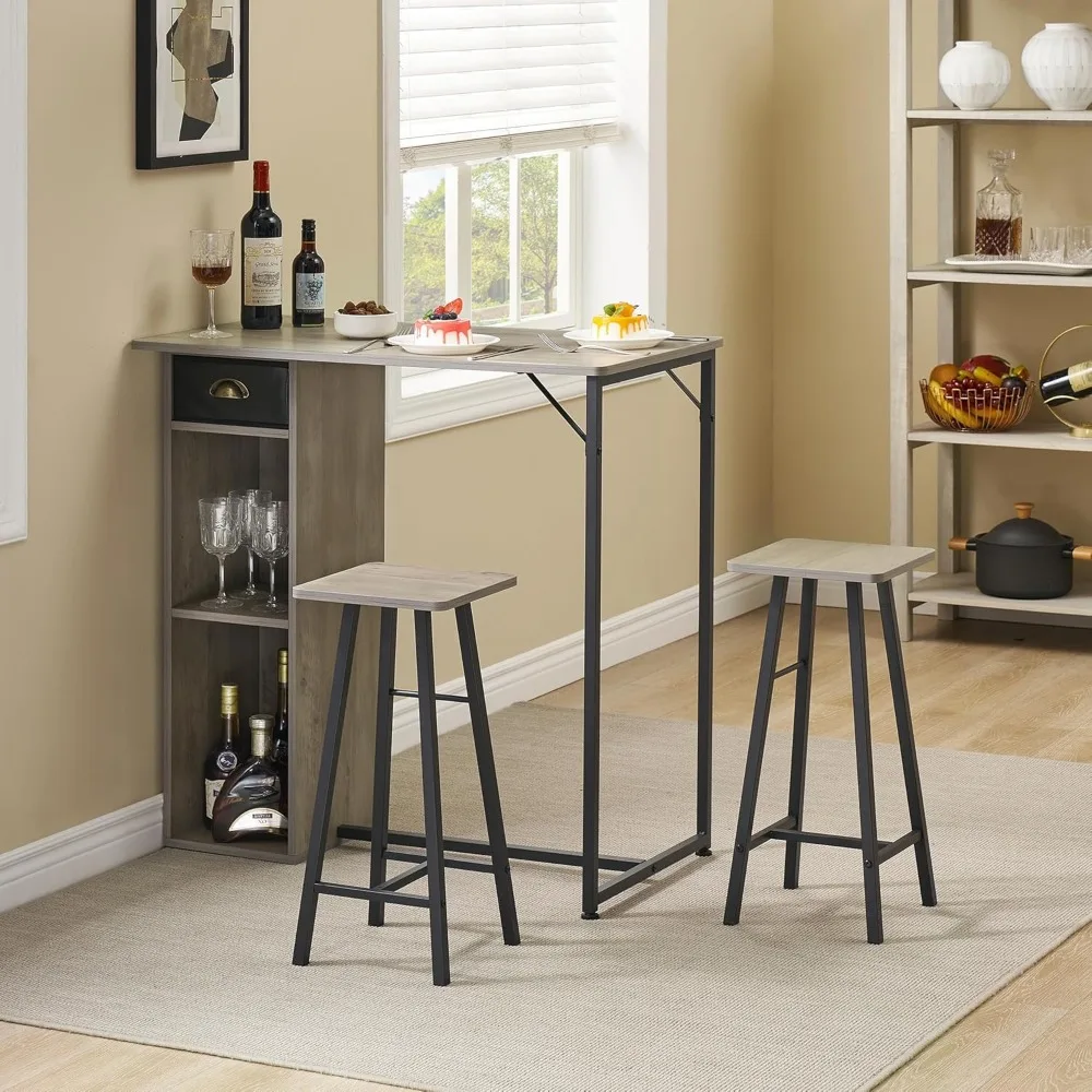 Dining Table for 2, Kitchen Table and Chairs for 2, 3 Piece Small Dining Table with Storage Drawer & Shelf, 2 Bar Stools