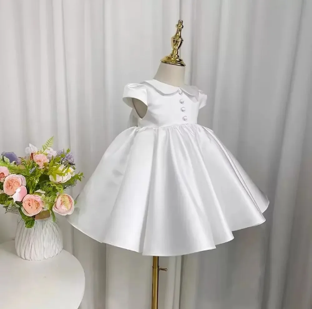 

Customized Ivory Flower Girl Dresses For Wedding Short Sleeves Satin Puffy Elegant Toddler First Communion Banquet Pageant Gown