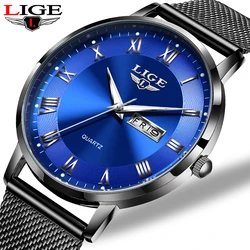 LIGE Mens Fashion Ultra Thin Watches Minimalist Simple Men Business Stainless Steel Quartz Watch for Men Date Week Wristwatch