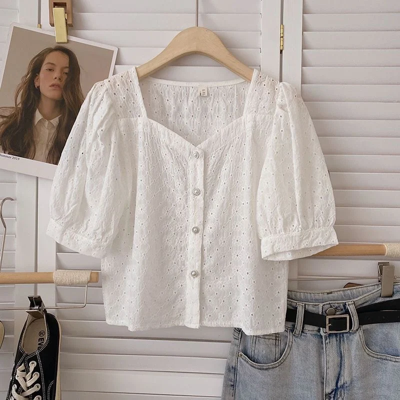 

ort Женский универсальный белый топ с квадратным воротником и пуговицами с цветочной вышивкой, корейский универсальный белый топ на лето