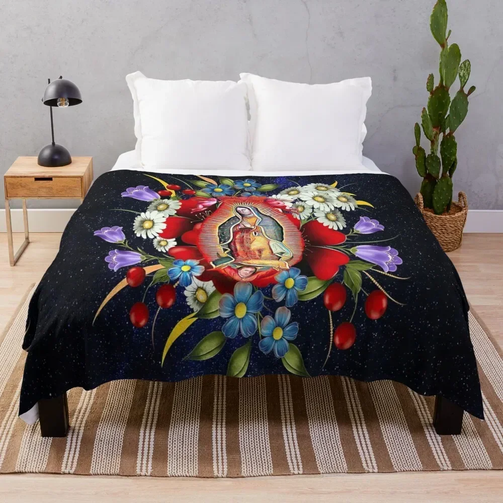 

Our Lady of Guadalupe Mexican Virgin Mary Mexico Flowers Tilma Throw Blanket Decorative Sofa Flannel halloween Blankets