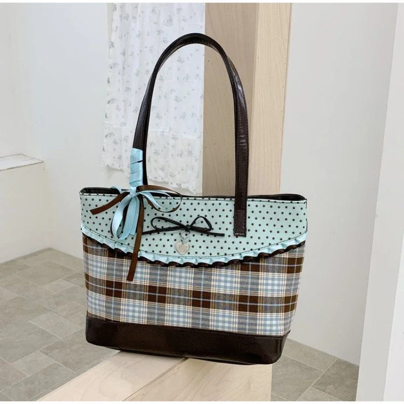 Schultertasche mit Schleife und gepunktetem Gittermuster, Damen-Handtasche mit kariertem Spitzenmuster und kontrastfarbenem Patchwork, niedliche, süße, elegante Tragetasche mit großem Fassungsvermögen – Detail 12