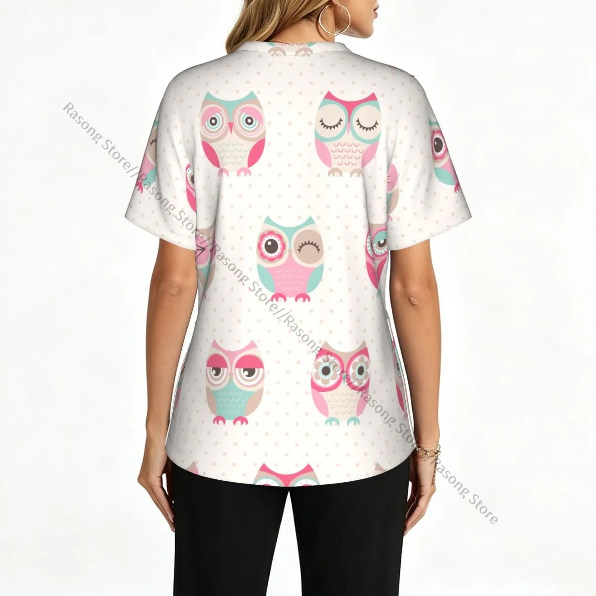 Women's Scrub Tops Short Sleeve Workwear Shirts V Neck Fitness Nursing Uniform Owls Birds Pullover Spa Doctor Nursing Shirt