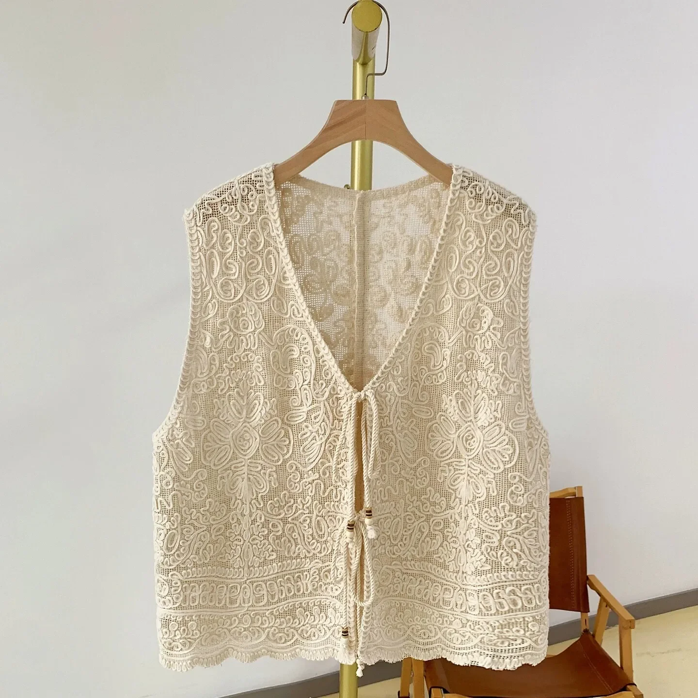 Tie Front Crochet Vest for Women Sleeveless Tie-up Open Stitch Knitted Waistcoat Jacket Beach Cover-up Summer Festival Boho Chic