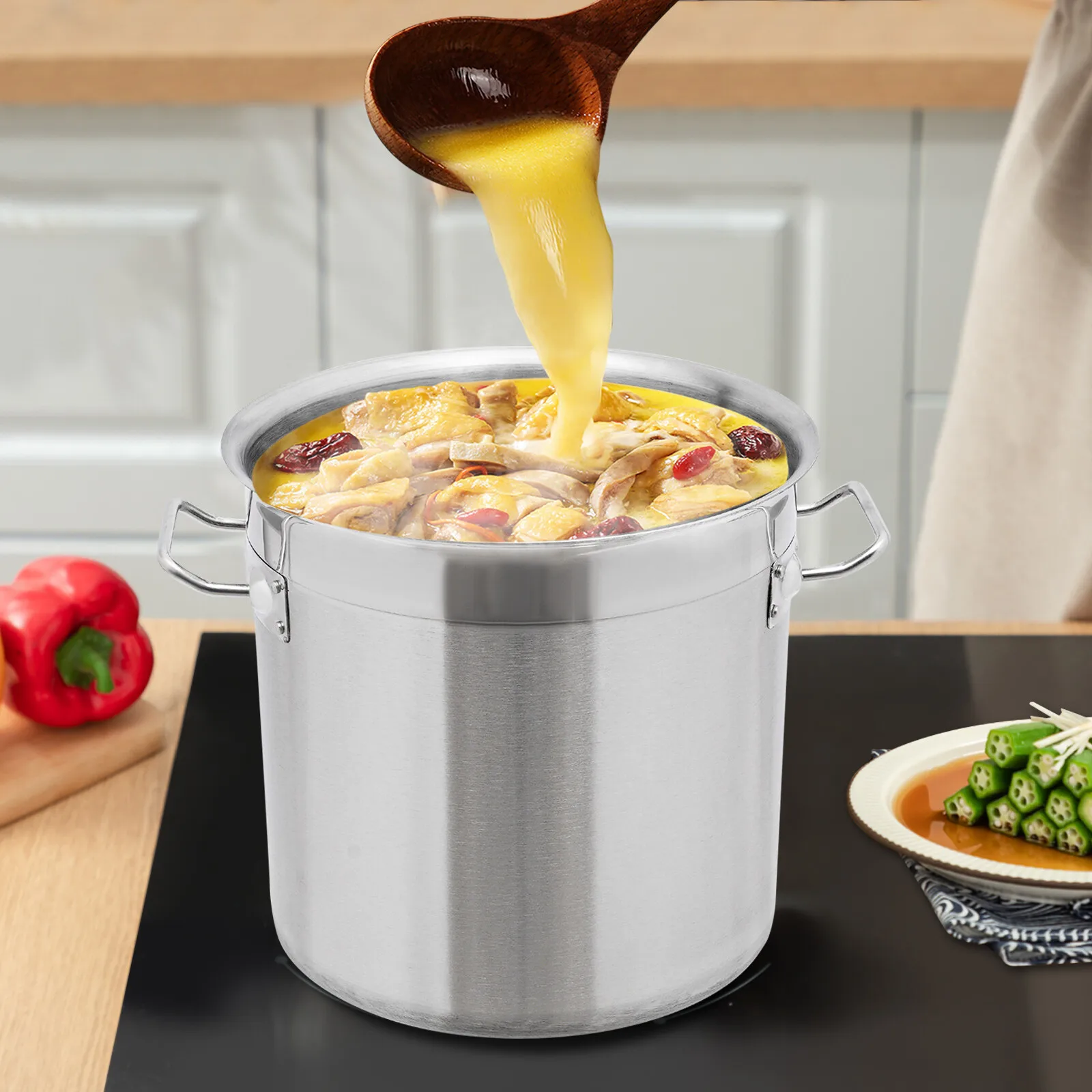 

17L Stainless Steel Large Stock Pot with Lid 4.3mm Thick Composite Bottom for Commercial Home Cooking