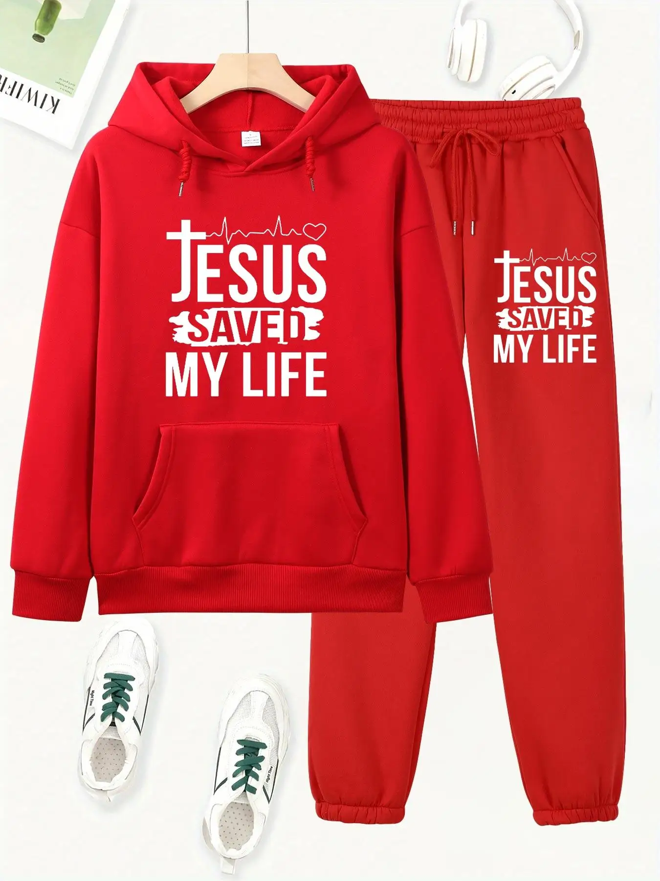 Felpa con cappuccio allentata autunno e inverno da donna + pantaloni della tuta set hip-hop street casual JESUS lettera stampata abbigliamento caldo alla moda