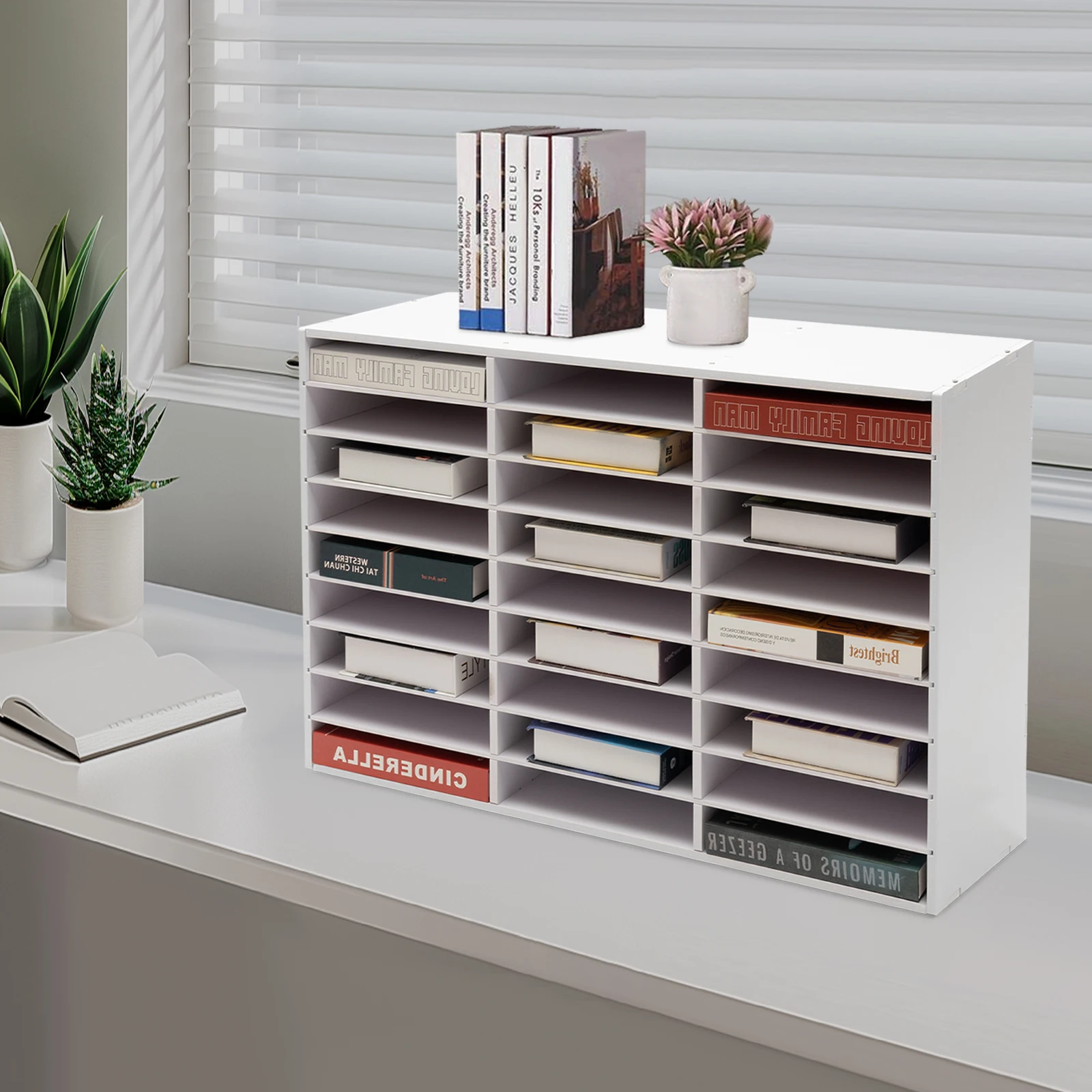 9 Tier 27Grids File Document Rack Shelf PVC Office Desktop Organizers Literature Storage Cabinet for Home Office School White