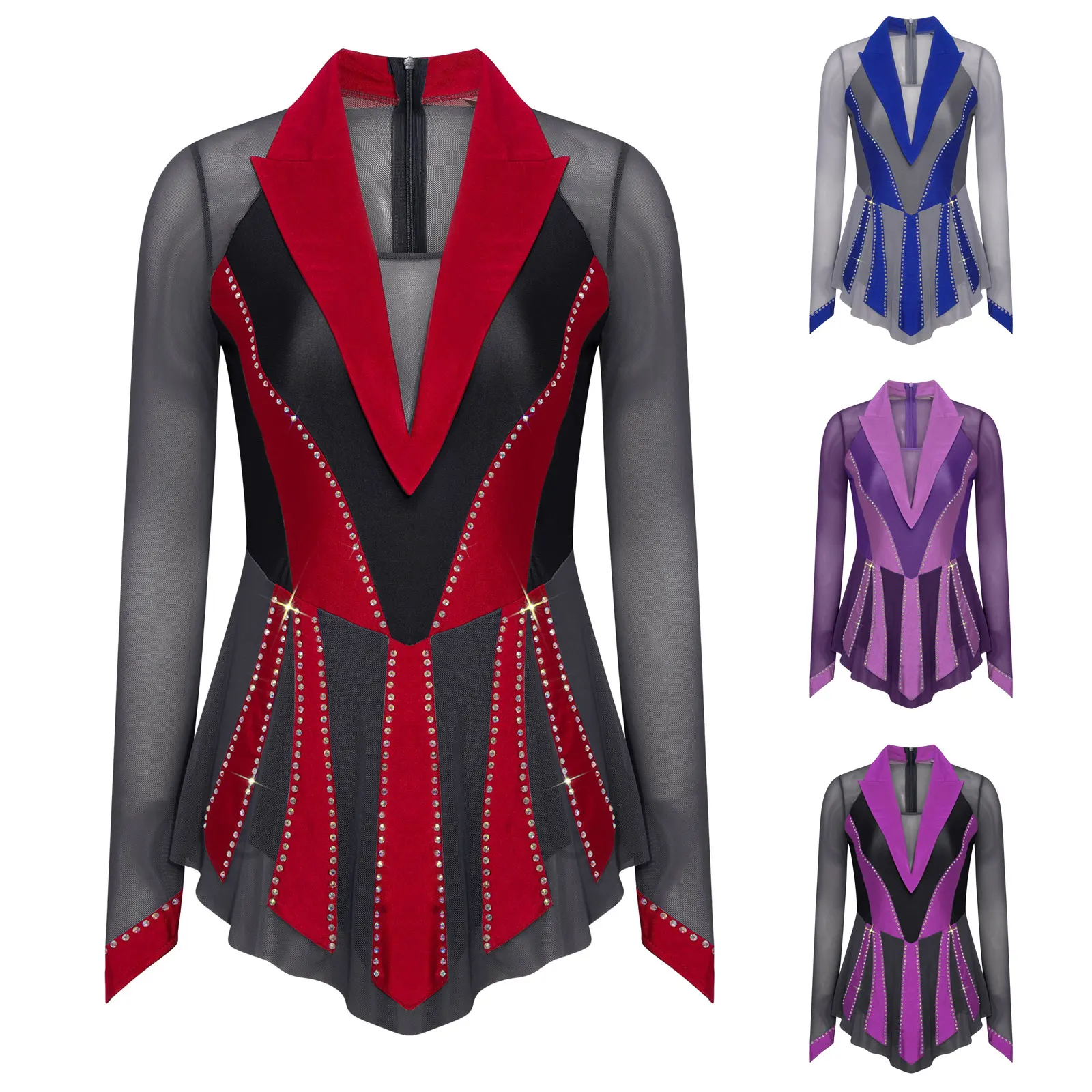 ชุดเต้นรำลีลาศประดับกลิตเตอร์และคริสตัลสำหรับผู้หญิง ชุดสเก็ตน้ำแข็ง ผ้าตาข่ายโปร่ง แต่งระบาย ชุดบอดี้สูทสำหรับบัลเลต์และยิมนาสติก