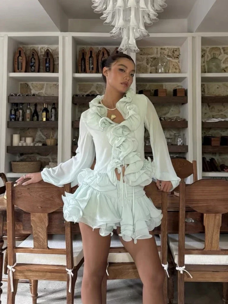 Culottes da donna Set da due pezzi Sexy con volant con lacci Top a maniche lunghe + Minigonne con diamanti Abiti da cocktail per feste di celebrità