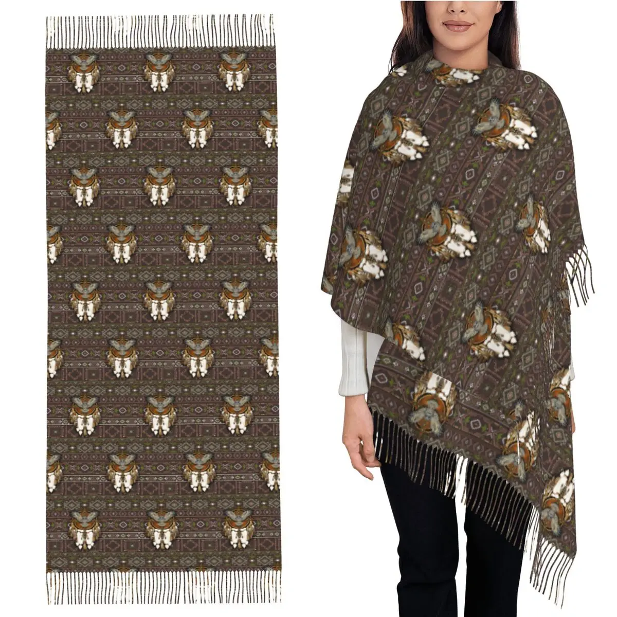 

Native American Owl African Tribal Scarf Tassel Scarves for Women Soft Warm Shawls and Wraps Long Fall Winter Shawl Wrap