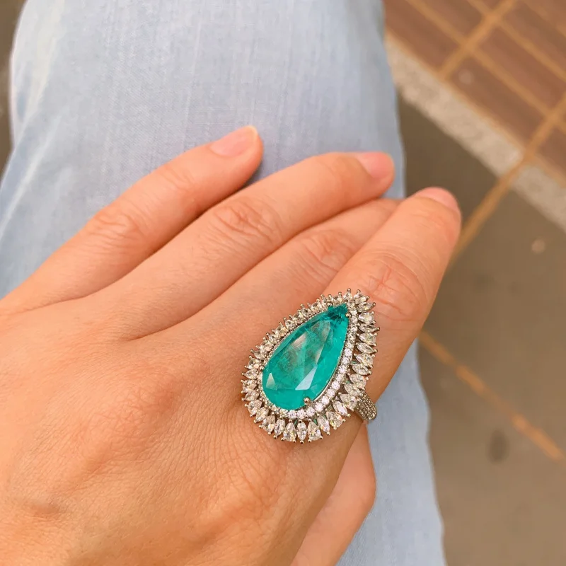 Jewelry Colored Gems European and American Style Necklace Women's Imitation Paraiba Main Stone Water Drop 10*20 Ring Pendant