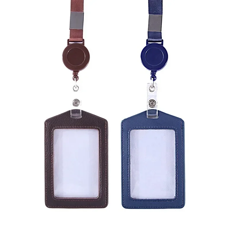 Leather Work Card Sleeve with Retractable Lanyard ID Holders Double-sided Transparent Pass Bus ID Tag Cover Case Badge Holder