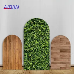 AIBIIN Wooden Theme Wedding Arch Backdrop Cover Birthday Baby Shower Party Decor Wood Green Leaf Elastic Fabric Background