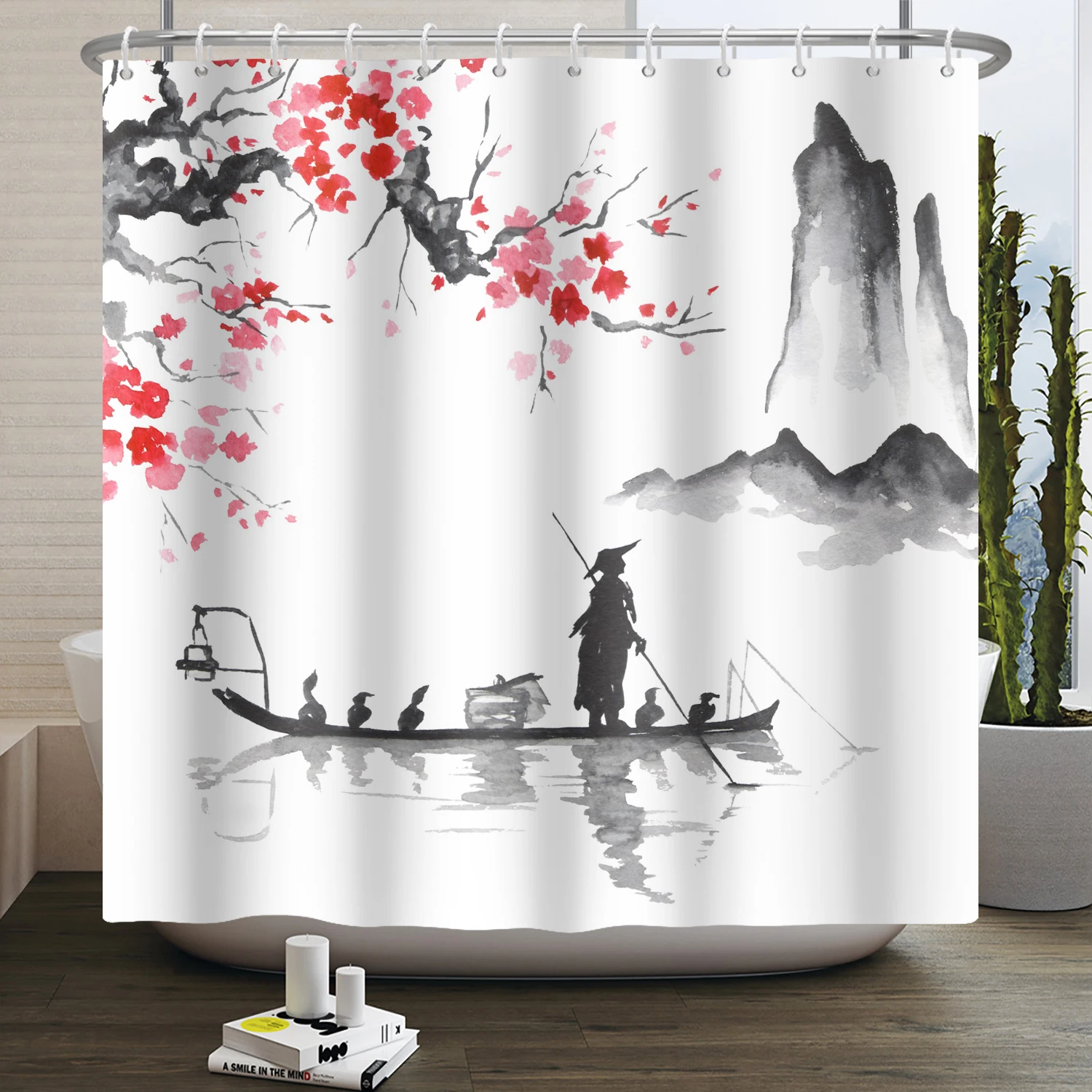 Japanese Shower Curtain Red Plum Blossom Cherry Chinese Oriental Ink Painting Nature Landscape Waterproof Bathroom Curtain Decor