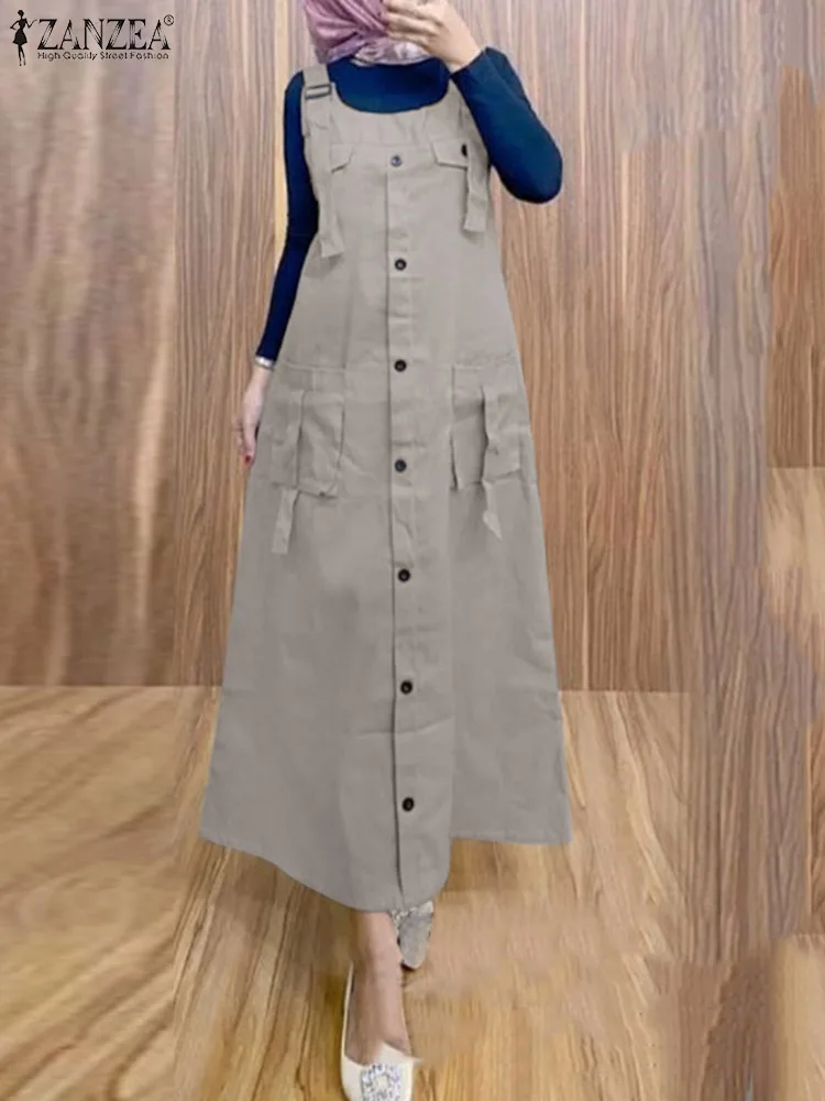 Autumn Women Overalls Dress Vintage Spaghetti Strap Solid Muslim Sundress 2024 ZANZEA Robe Femme Dubai Turkey Islamic Clothing