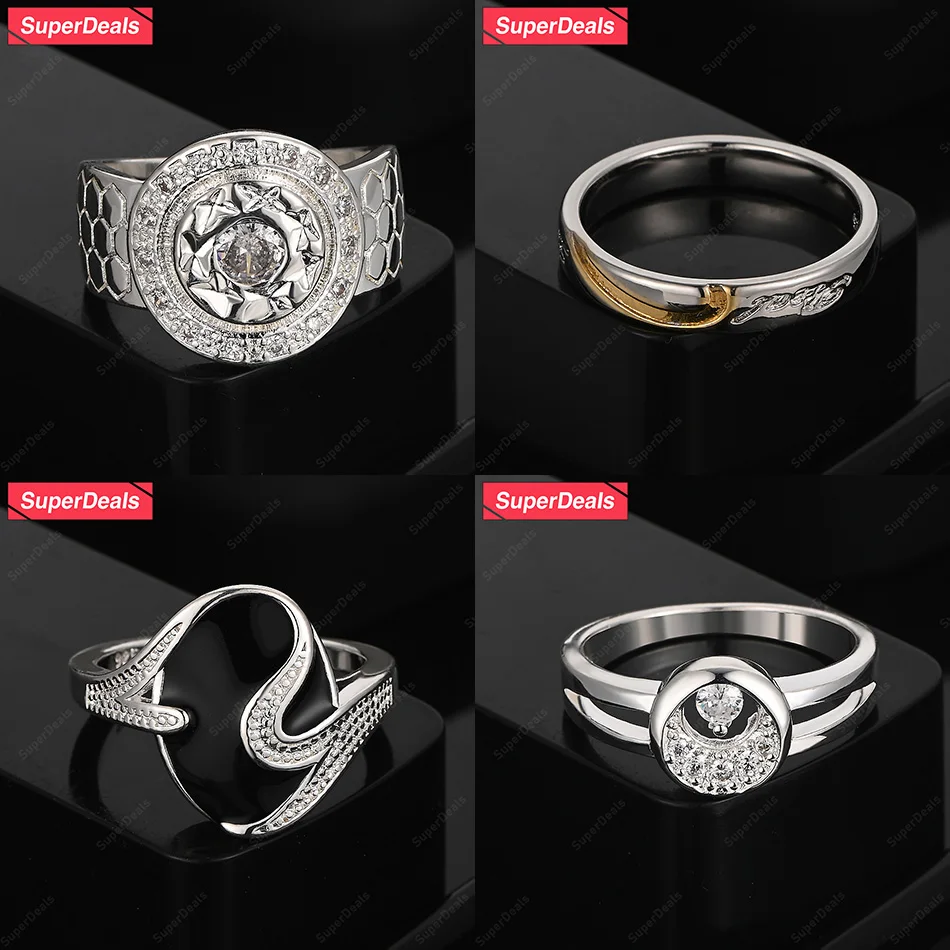

SuperDeals 925 Sterling Silver Zircon Moon Ring Round Black Epoxy Ring Women Charm Jewelry Gift Birthday Wedding Party