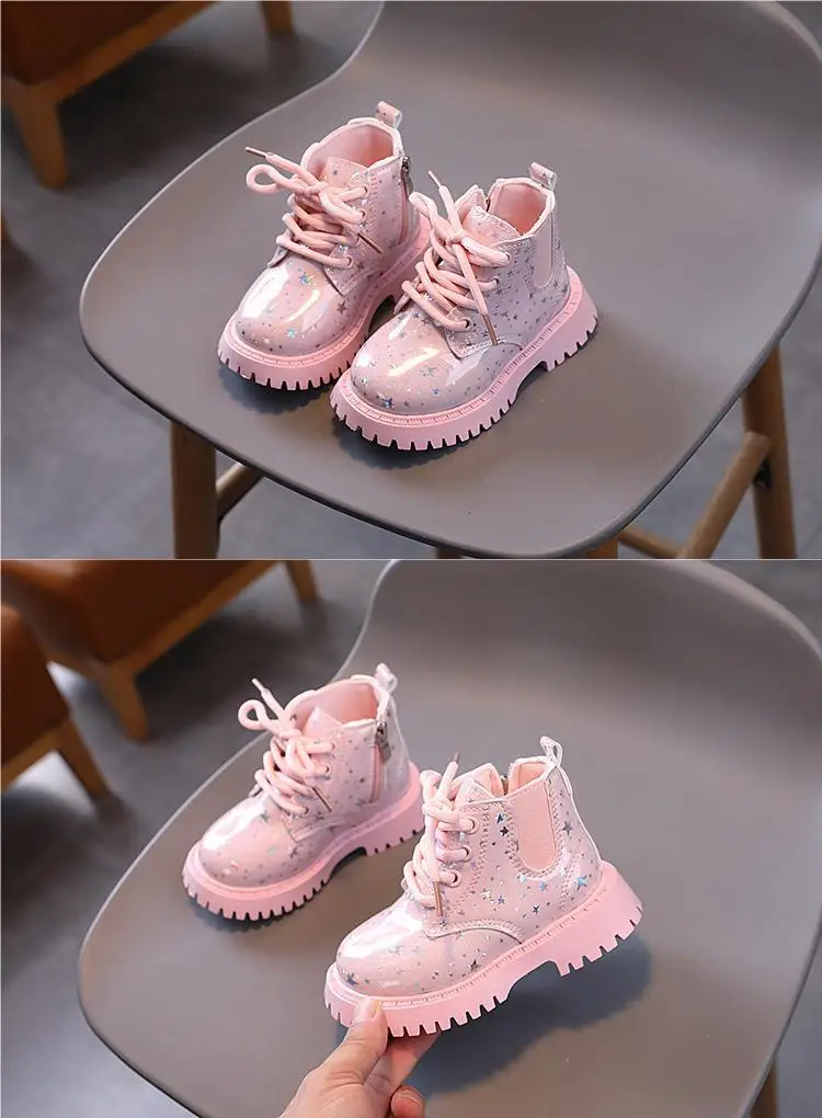 New Children Martine Boots Non-slip Soft Sole Walking Shoes PU Leather Sparkle Boots Lace Up Side Zipper Pure Color Casual Shoes